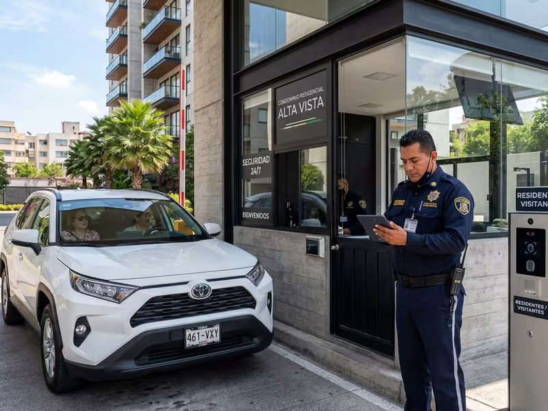 Caseta de vigilancia moderna en el acceso de un condominio residencial