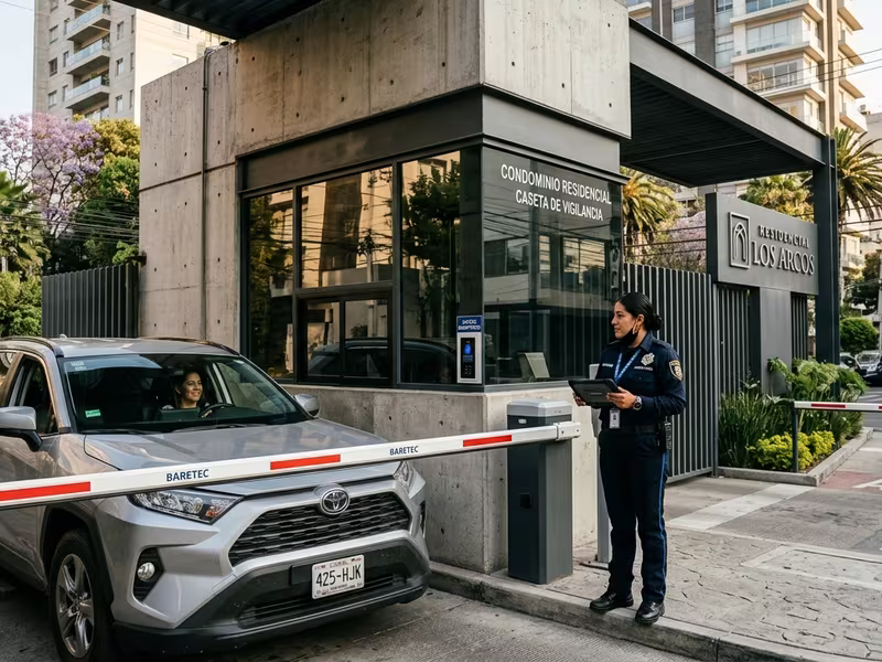 Caseta de control de acceso con pluma vehicular en la entrada de un desarrollo residencial