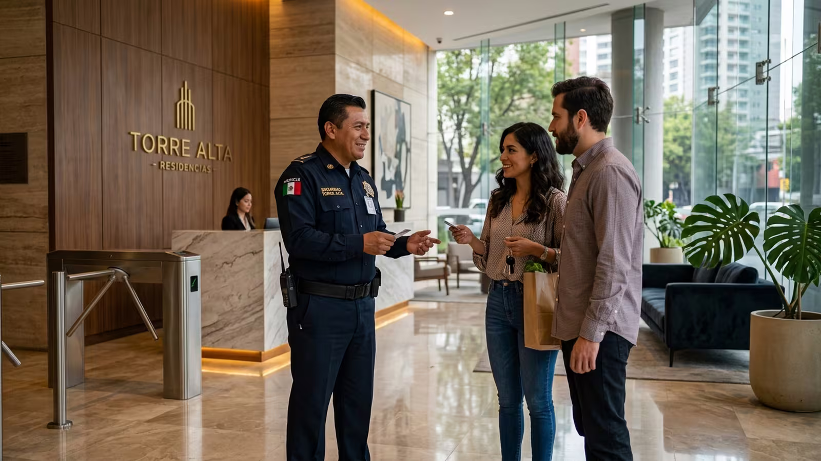 Guardia de seguridad privada controlando acceso de visitantes en condominio