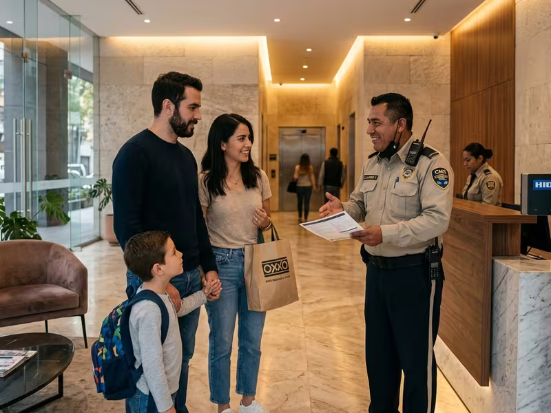 Guardia de seguridad revisando documentación en el acceso de un condominio