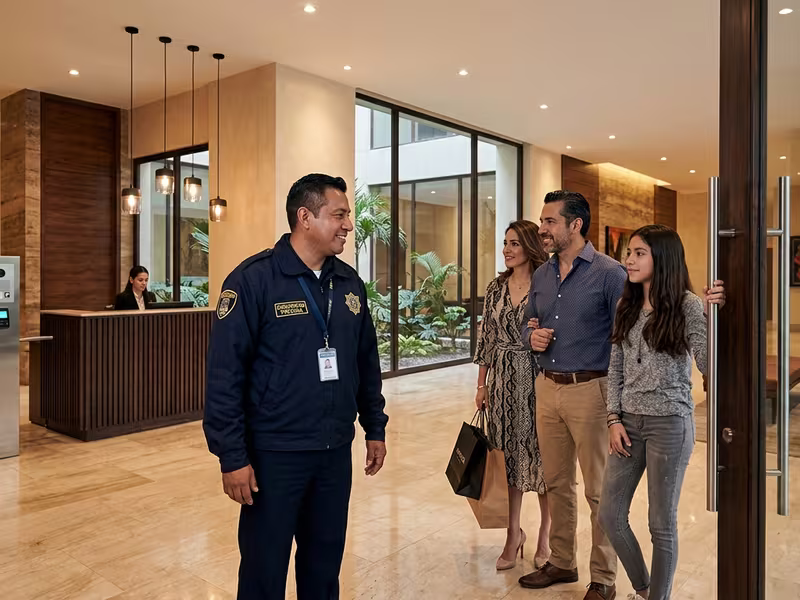 Guardia de seguridad atiende a una residente junto al acceso de un condominio