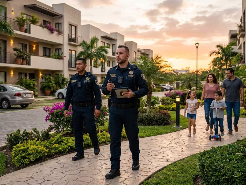 Guardias en recorrido perimetral de un desarrollo residencial en Veracruz