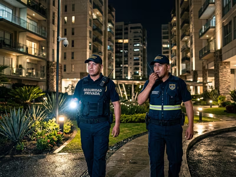 Elementos de seguridad privada en rondín por un desarrollo residencial
