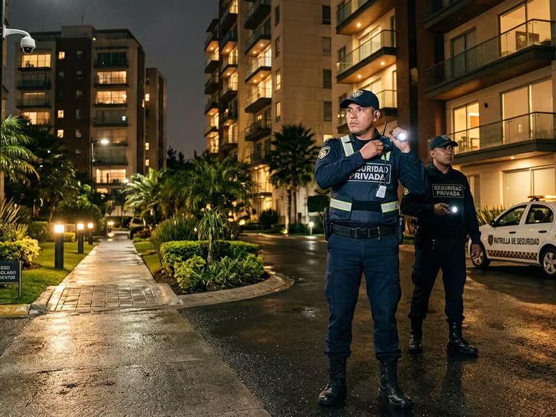 Relevo de turno de personal de vigilancia en el acceso de un condominio